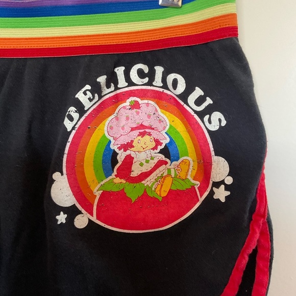Black Strawberry Shortcake Short Shorts with Red Trim and Rainbow Band in Size 4 - Picture 2 of 6